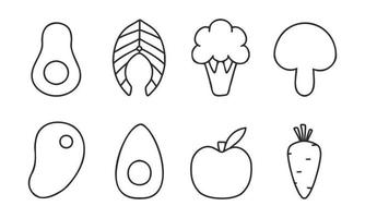 Set of linear icons of healthy food. Modern icons of proper nutrition. Vector illustration. Collection of linear avocado, salmon, steak, apple, egg, carrot.