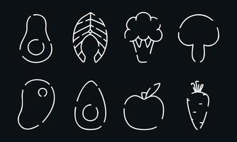 Set of linear icons of healthy food. Modern icons of proper nutrition. Vector illustration. Collection of linear avocado, salmon, steak, apple, egg, carrot. White icons on a black background.