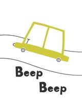 cartel de niños con un coche. lindo póster para una habitación infantil con un auto y una carretera. ilustración vectorial estilo garabato. estilo escandinavo. vector