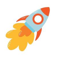 Rocket flying up. Rocket launch. Vector illustration. Childrens illustration in cartoon style. Flat style.