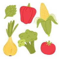 Flat vegetables vector set. Collection of vegetables broccoli, corn, pepper, onion. Hand-drawn style isolated on white background. Vector illustration.