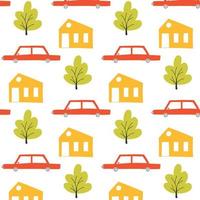 Cute childish seamless pattern with car. Drawn pattern with cars, house and tree. Vector illustration in scandinavian style. childrens print.
