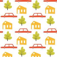 Cute childish seamless pattern with car. Drawn pattern with cars, house and tree. Vector illustration in scandinavian style. childrens print.