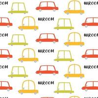 Kids seamless pattern with cars. Drawn pattern with cars wroom. Vector illustration in scandinavian style. Childrens print.