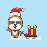 lindo perezoso con caja de regalo de navidad. linda ilustración de dibujos animados de navidad. vector