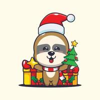 Cute sloth holding star and christmas tree. Cute christmas cartoon illustration. vector