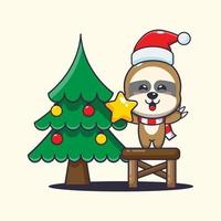 Cute sloth taking star from christmas tree. Cute christmas cartoon illustration. vector