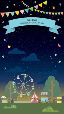 Flat vertical illustration of carnival, circus, fun fair or amusement park with sky at night background have blank space. Night market illustration template.