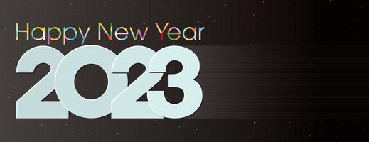 feliz año nuevo 2023 las letras coloridas en el fondo del cosmos tienen espacio en blanco. plantilla de tarjeta de felicitación. vector