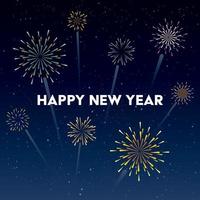 Abstract colorful fireworks on night sky background with texts Happy New Year at center. Greeting card square template. vector