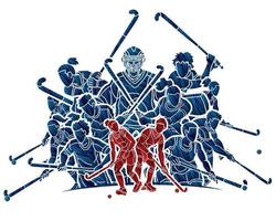 Silhouette Group of Field Hockey Sport Team Male and Female Players Mix Action vector