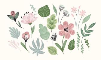 Set of abstract leaves, flowers and grass. Clipart, isolated elements. Vector illustrations.