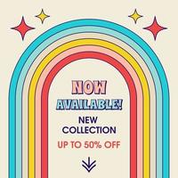 Retro groovy sale post template in trendy y2k style. Nostalgic 90s square banner with rainbow for social media. vector