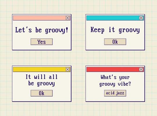 Old computer popup windows interface. Groovy slogans for social media in y2k message windows on a checkered paper background.