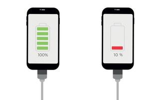 una batería de teléfono inteligente descargada y completamente cargada. un conjunto de teléfonos inteligentes con indicadores de nivel de batería y una conexión usb. infografías vectoriales. vector