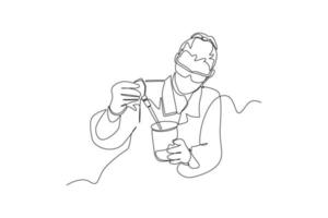 One continuous line drawing of boy added chemicals for research. scientist concept. Single line draw design vector graphic illustration. Laboratory.