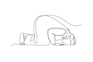 Single one line drawing muslim man praying on sujud bow down gesture. Prayer movement concept. Continuous line draw design graphic vector illustration.