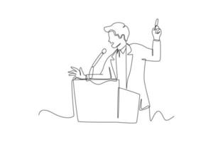 Continuous one line drawing politician delivering speech during election period for General Regional or Presidential Election. Voting concept. Single line draw design vector graphic illustration.