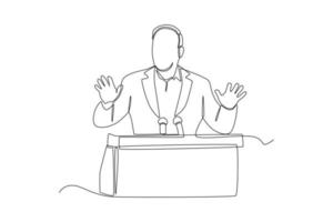 Continuous one line drawing politician delivering speech during election period for General Regional or Presidential Election. Voting concept. Single line draw design vector graphic illustration.