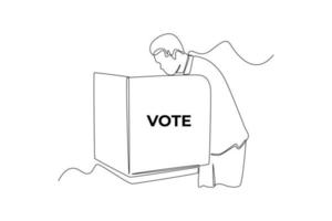 Continuous one line drawing man casting their ballots in voting booth for General Regional or Presidential Election. Voting concept. Single line draw design vector graphic illustration.