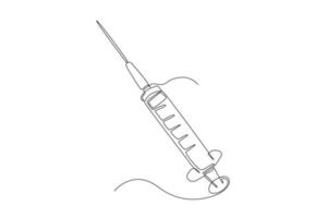 Single one line drawing medical syringe. The Syringe is filled with a vaccine solution. Medical equipment concept. Continuous line draw design graphic vector illustration.