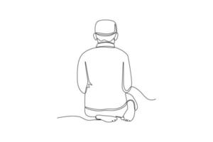 Single one line drawing  the movement of praying sitting between two prostrations. Prayer movement concept for muslims. Continuous line draw design graphic vector illustration.