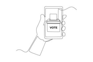 Continuous one line drawing online voting in smartphone for General Regional or Presidential Election. Voting concept. Single line draw design vector graphic illustration.