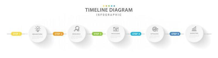 plantilla infográfica para negocios. Diagrama de línea de tiempo moderno de 5 pasos con temas circulares, infografía vectorial de presentación. vector