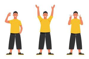 A young man in casual clothes standing and waving his hands in different poses. Set of isolated vector illustrations.