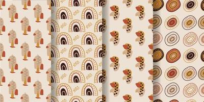 Aesthetic patterns. Boho patterns. Set of seamless pattern with  rainbows, moon, sun, leaves, dots and abstract shapes in boho and aesthetic style. Vector Illustration.