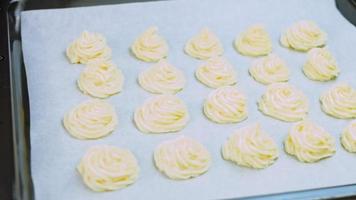 The chef makes potato cookies using a food bag. Potato cookies canonic recipe Brie, parmesan and Heavy cream. Macro shooting video