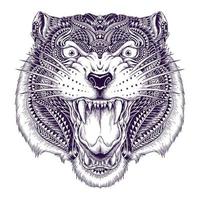 un tigre gruñendo. una ilustración dibujada a mano de una cabeza de animal salvaje. dibujo de arte de línea para emblema, afiche, pegatina, tatuaje, etc. pro vector