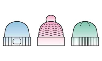 Wool beanie caps line icon set. Winter knitted hats. Thin line art  Editable Stroke. Vector illustration