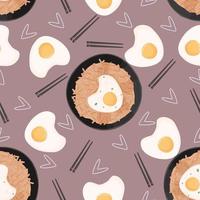 Kimchi fried rice with fried egg pattern. Chopstick, egg seamless vector pattern.