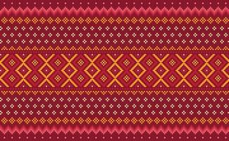 Pixel ethnic pattern, Vector embroidery ornamental background, Geometric cross stitch triangle style