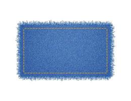 Denim rectangle shape with stitches. Torn jean patch with seam. Vector realistic illustration on white background