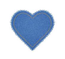 Denim heart shape with seam. Torn jean patch with stitches. Vector realistic illustration on white background