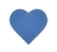 Denim heart shape with seam. Torn jean patch with stitches. Vector realistic illustration on white background