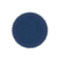 Denim circle shape with stitches. Torn jean patch with seam. Vector realistic illustration on white background