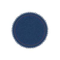 Denim circle shape with stitches. Torn jean patch with seam. Vector realistic illustration on white background