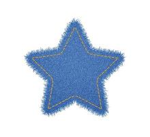 Denim star shape with seam. Torn jean patch with stitches. Vector realistic illustration on white background