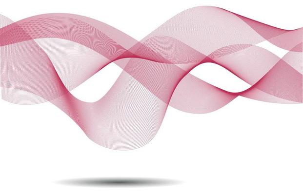 Abstract wave element for design. Digital frequency track equalizer. Colorful shiny wave with lines created using blend tool. Curved wavy line, smooth stripe. Viva Magenta color background