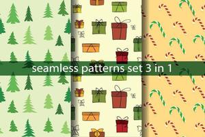 Set of seamless Christmas patterns. For printing on textiles, wallpaper, covers, web, wrapping paper, banners, posters. Festive Christmas decorations. Gifts, Christmas trees and candies. New Year. vector