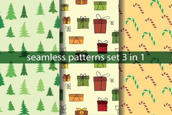 Set of seamless Christmas patterns. For printing on textiles, wallpaper, covers, web, wrapping paper, banners, posters. Festive Christmas decorations. Gifts, Christmas trees and candies. New Year.