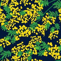 Botanical seamless pattern with yellow mimosa flowers and leaves on a white background. Background with elegant flowering plants. Vector illustration