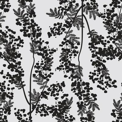 Botanical seamless pattern with yellow mimosa flowers and leaves on a white background. Background with elegant flowering plants. Vector illustration