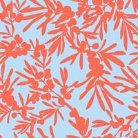 Background with sea buckthorn a branch of sea buckthorn, berries and leaves. Seamless floral ornament. Vector illustration.