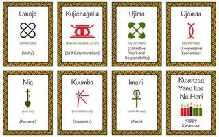 A set of cards with seven signs of the Kwanzaa principles. Symbol with names in Swahili and description. Poster with an ethnic African pattern in traditional colors. Vector illustration