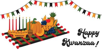 Horizontal festive concept banner Happy Kwanzaa. Kwanzaa mat, a kinara with traditional candles, a fruit basket and unity cup. Cartoon vector illustration on a white background