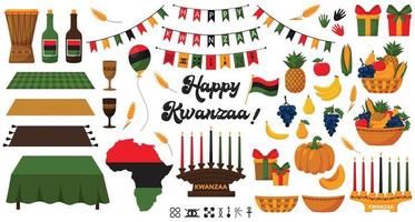 Set of decorative elements for traditional African American holiday Kwanzaa. Candleholder, Kinara, fruits, gift boxes, mkeka, drum, unity cup, flags, signs of principles. Isolated vector illustrations